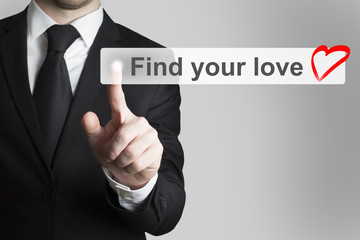 businessman pushing flat touchscreen button find your love heart