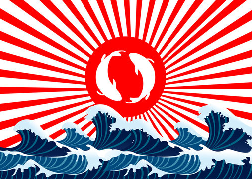 carp fish yin yang on red flag japanese with sea wave
