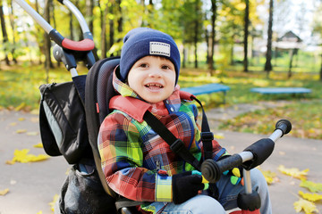 lovely little boy on a bike in autumn park