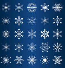 set of 25 vector snowflakes on blue background