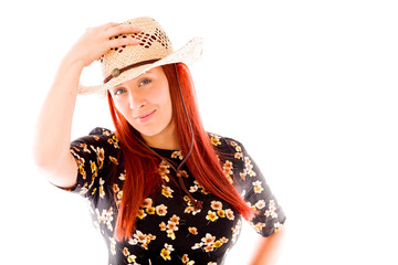 model isolated on white red hair cowgirl