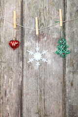 Christmas decorations hanging on a rope