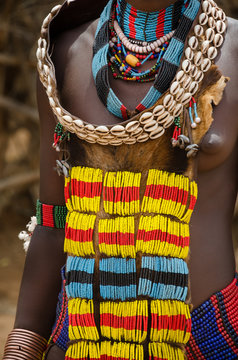 Close up of woman's dress from Hamer tribe
