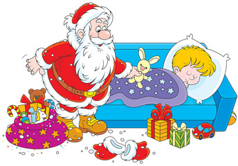 Santa Claus with Christmas gifts for a child