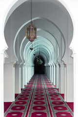 The corridor with pink carpet in Koutoubia Mosque at Marakesh, M