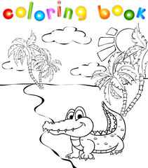 Funny cartoon crocodile near a river coloring book