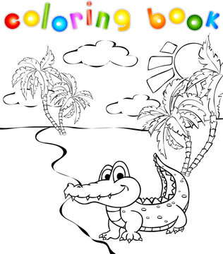 Funny cartoon crocodile near a river coloring book