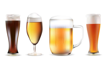 Set of four beers in dewy glasses