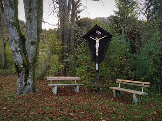 Naklejka premium Parkbänke im Herbst laden zum Ausruhen ein