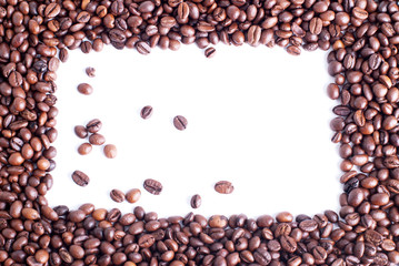 coffee beans in a frame in the middle of an isolated white backg