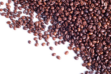 coffee beans diagonally isolated on white background