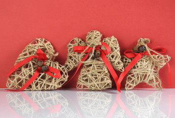Festive vintage Christmas decorations on red background