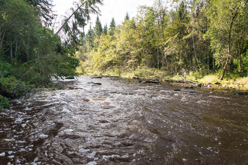 view to the Mountain river with Flowing Water Stream and sandsto