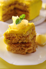 Tasty lemon dessert on wooden table