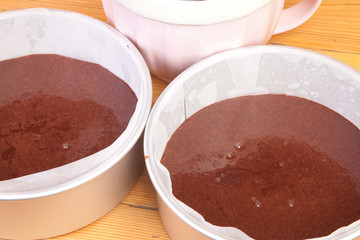 chocolate  cake batter in tins