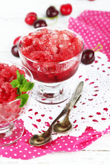 Closeup of cherry granita in glass bowl,