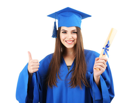 Woman graduate student wearing graduation hat and gown,