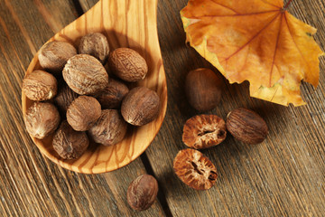 Nutmeg in wooden spoon on table close up
