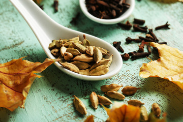 Cardamom and carnation in spoons with yellow leaves