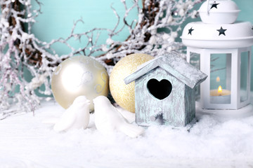 Fototapeta premium Beautiful Christmas composition with small bird house