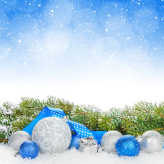 Christmas colorful decor and snow fir tree