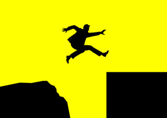 Man jumping over rough terrain to smooth terrain