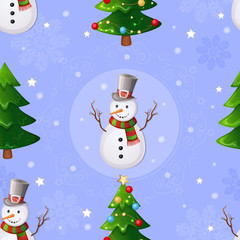 Christmas seamless pattern with snowman and Christmas tree.