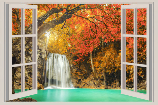 Fototapeta The open window, with waterfall views