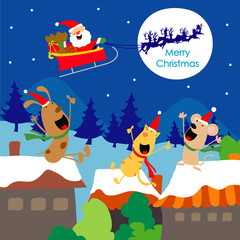 Fototapeta premium Merry Christmas Text Santa Gift Dogs Fun Enjoy Cartoon Vector