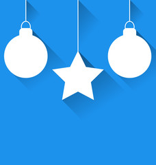 Two Christmas balls and star with effect of long shadows on blue
