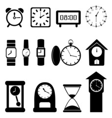 Set of black clocks isolated on white background