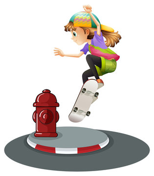 girl skateboarding near red fire hydrant clip art preview