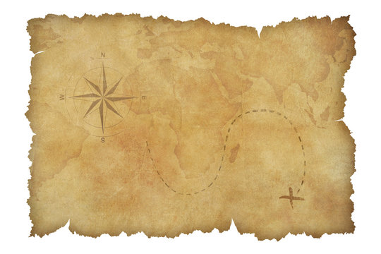 Pirates' parchment treasure map isolated with clipping path