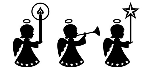 Set: 3 Engelmädchen mit Kerze, Fanfare, Stern – freigestellt