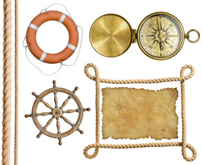 nautical objects rope, treasure map, lifebuoy, compass isolated