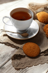 Cup of tea on table, close up