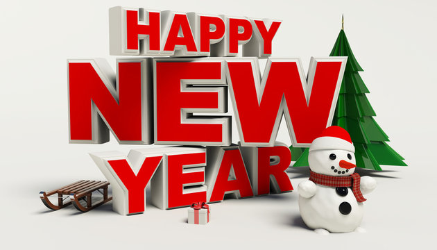 Happy New Year 3d text, snowman,sleg,gift,cristmas tree,high res