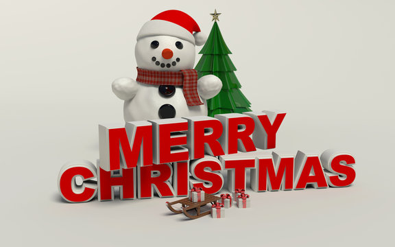 Merry Christmas 3d text, snowman,slage,and gift high resolution