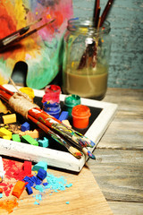 Beautiful still life with professional art materials, close up