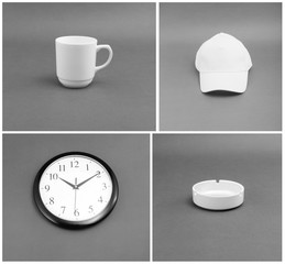 White objects of identity on a gray background