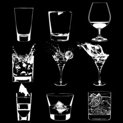Cocktails set. Vector glasses drinking whiskey party menu