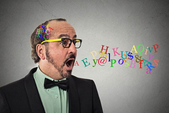 man talking symbols alphabet letters coming out of mouth