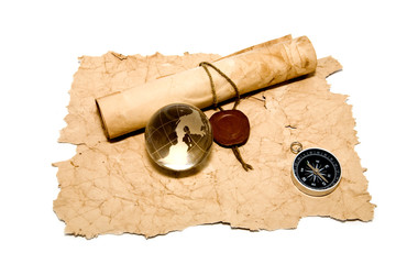 old maps, compass and globe