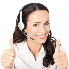 Support operator with thumbs up, on white