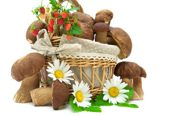 Basket with mushrooms and strawberries closeup on white backgrou
