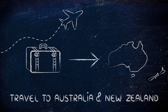 travel industry: airplane and luggage going to Australia & New Z