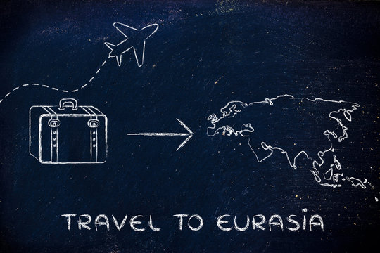 travel industry: airplane and luggage going to Eurasia