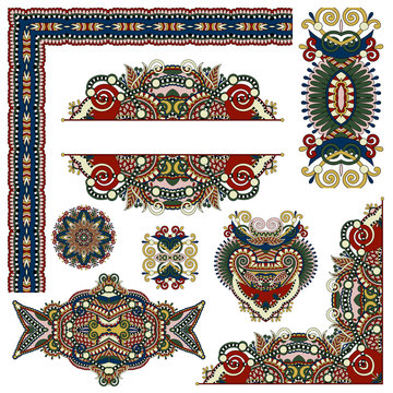 set of paisley floral design elements for page decoration, frame