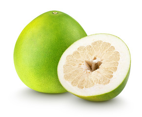 Green pomelo citrus fruit with cut isolated on white