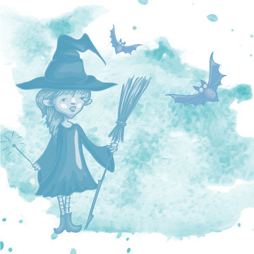 Witch Girl With Bat And Broom